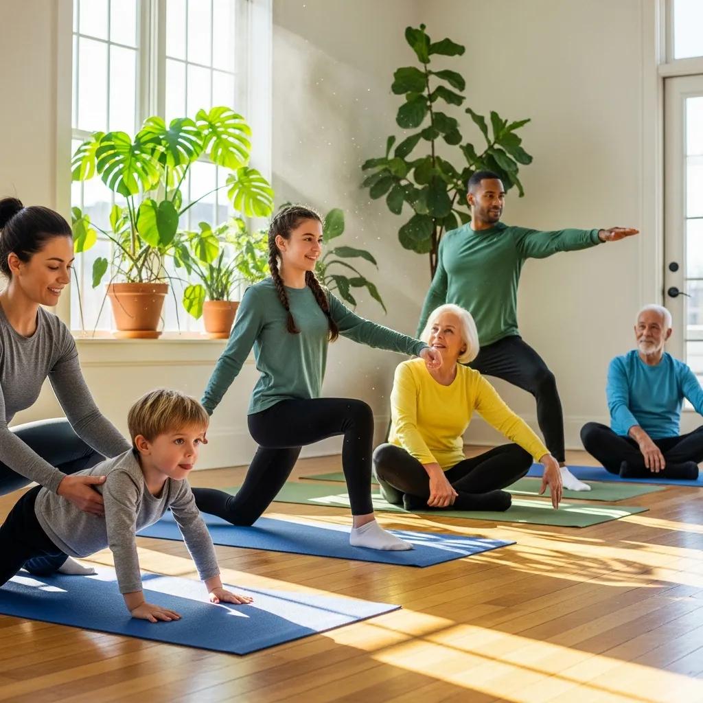 Family engaging in group exercise, promoting health and wellness strategies