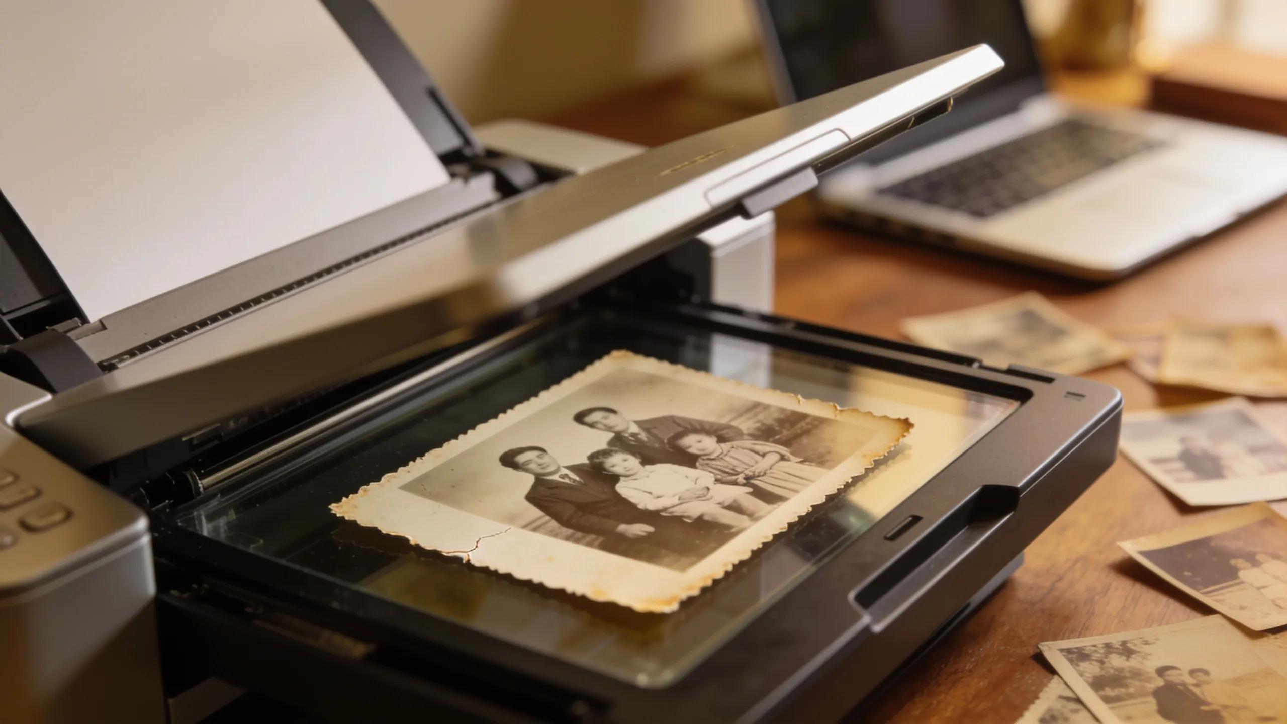 Flatbed scanner capturing a family photo for digitization, illustrating ideal scanning techniques