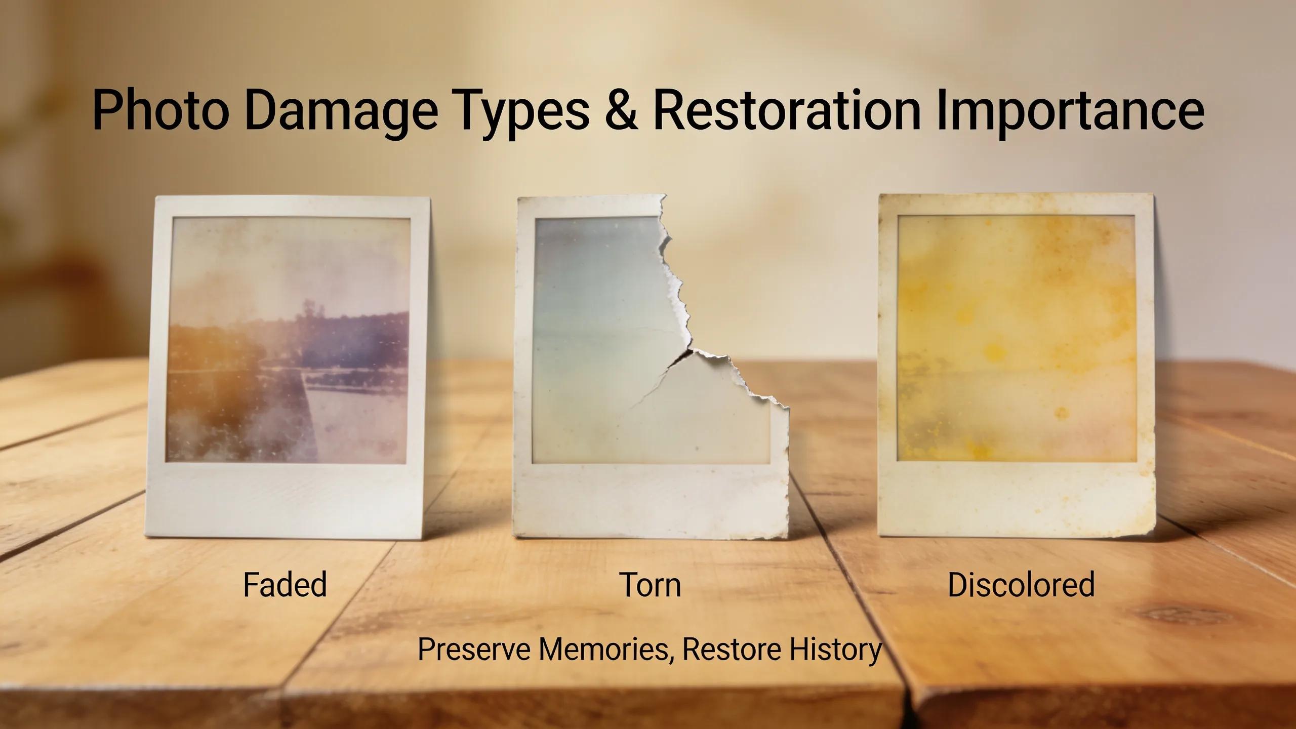 Various types of photo damage including faded, torn, and discolored photographs on a table